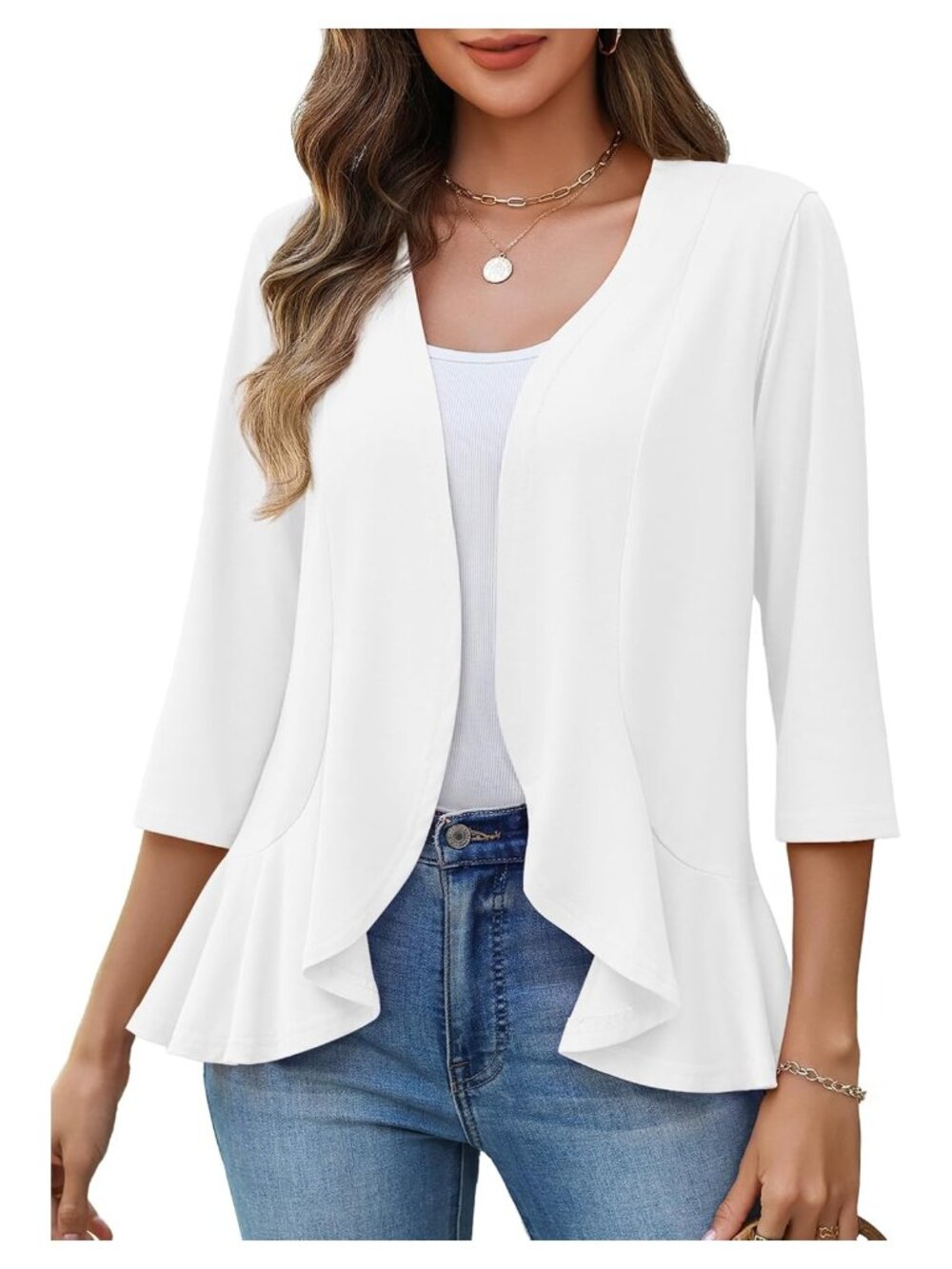 Women's Ruffled Cardigan 3/4 Sleeve Lightweight Open Front Coverup